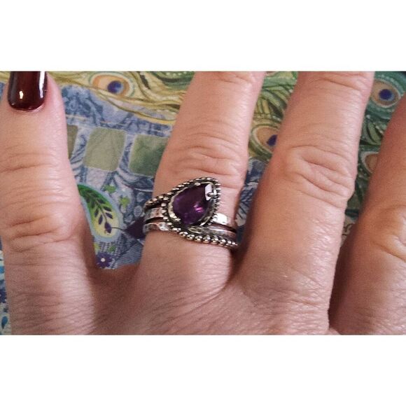 New~PAZ CREATIONS Pear Cut Genuine Amethyst Bead Statement Ring Sz 8~925 SS - Picture 4 of 4